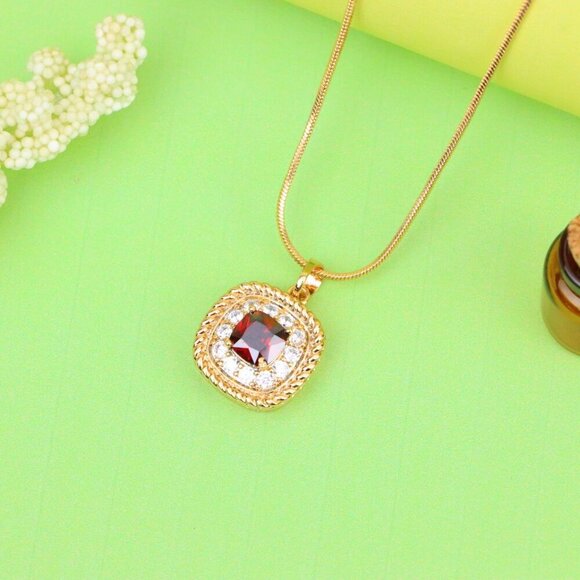 "Vintage Style Red Cushion Pendant with Crystal Halo Accents, XPPT1663 - Picture 2 of 13